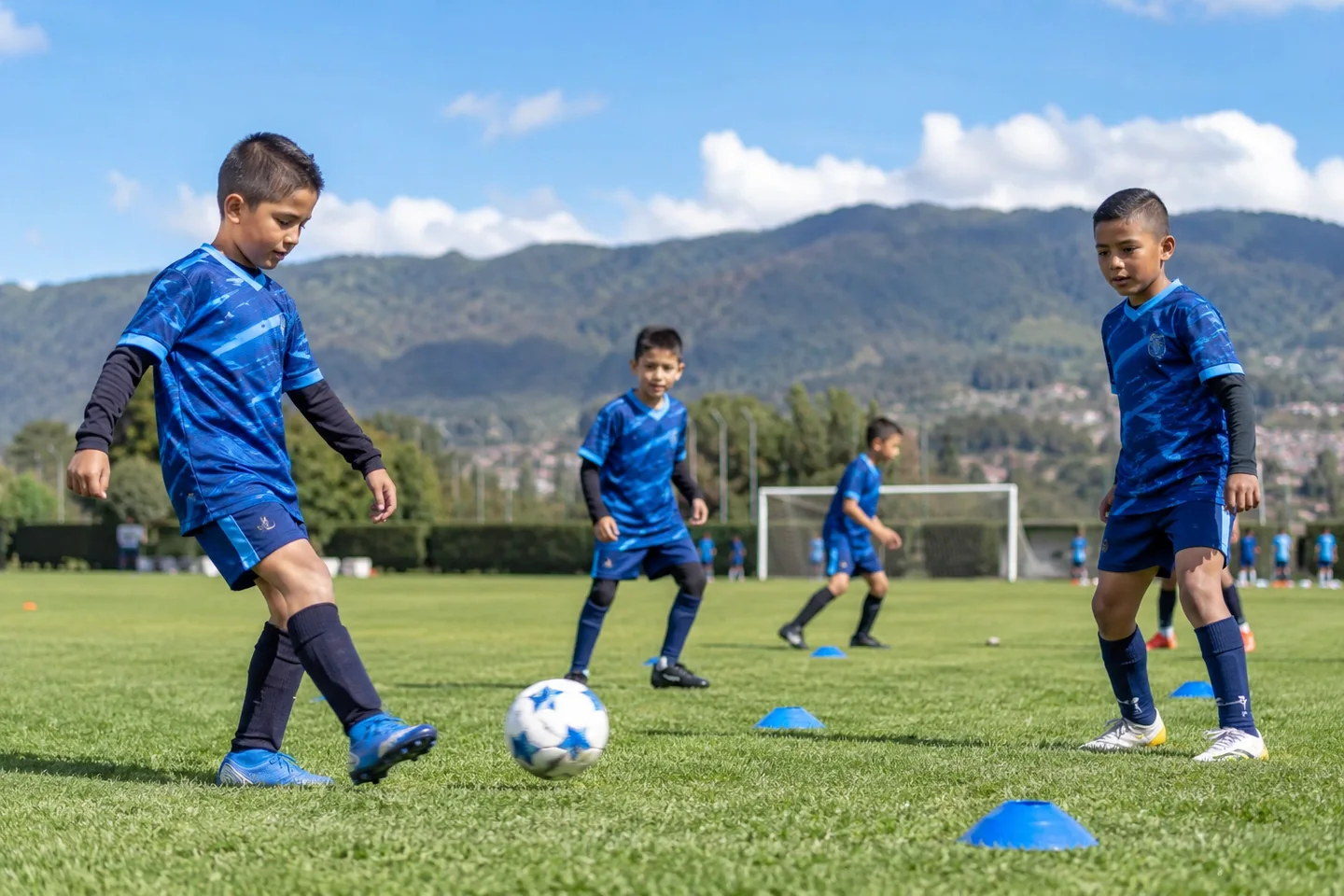 Niños practicando pases en una cancha de Chía